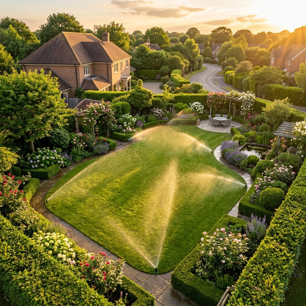 Jardim verde exuberante com sistema de irrigação automatizado Rain Bird em funcionamento