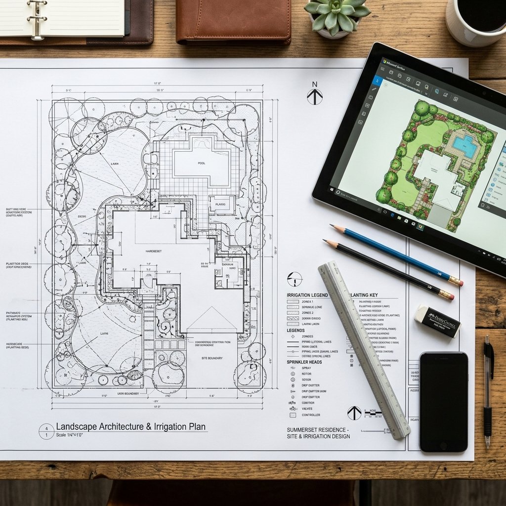 Planta técnica de projeto de irrigação com régua e tablet